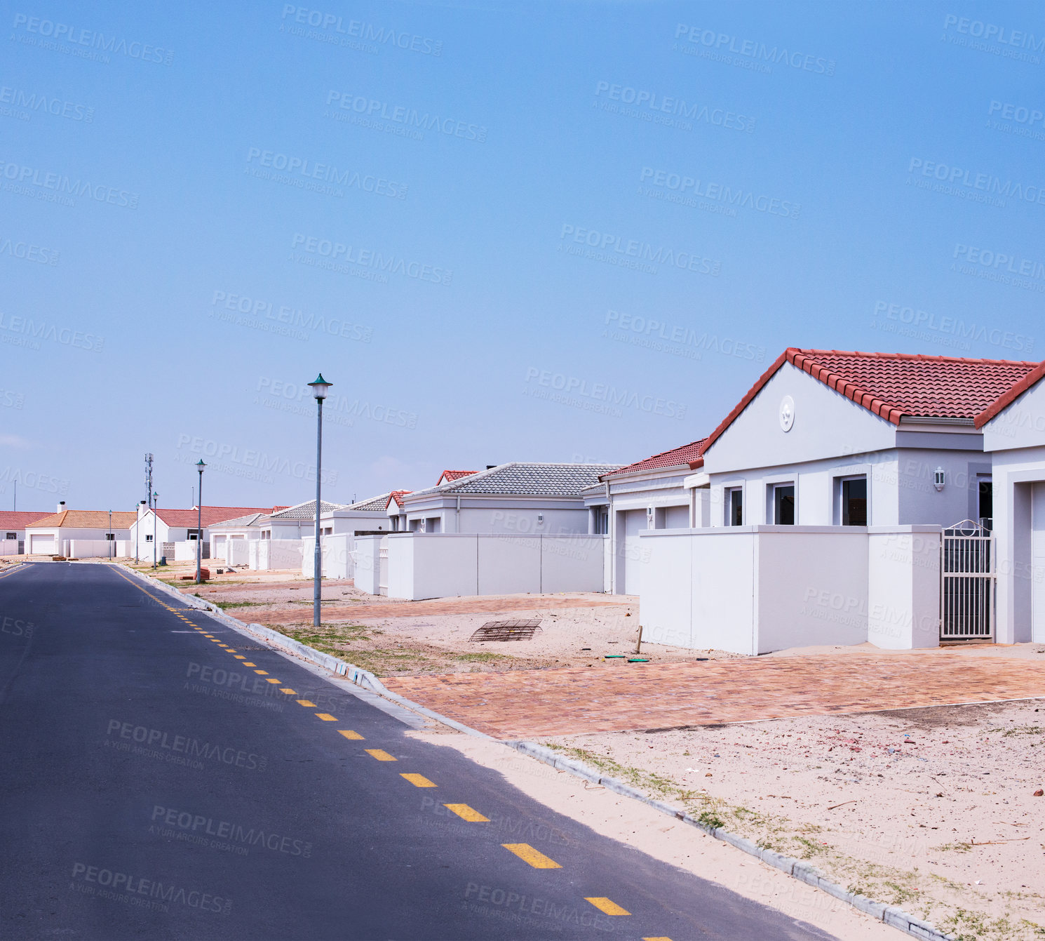 Buy stock photo Street, homes and houses in neighborhood, residential area or community in Dallas, Texas in USA. Background, property development or suburban real estate for investment project and society in town