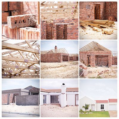 Buy stock photo Site, interior  and brick for house, building and dream home, architecture and foundation with development. Concrete, outdoor and construction for real estate, maintenance and structure with space