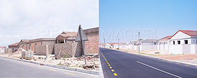 Buy stock photo Community development, before and after of houses in small town for property management. Construction, maintenance and foundation for building, real estate improvement in society growth for project.
