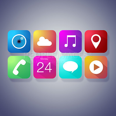 Buy stock photo Vector, design and app chat icons for social media, network or digital user interface isolated on gray background. Mobile screen, graphic ui and software sign for cloud, music and phone technology