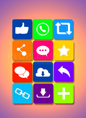 Buy stock photo Vector, social media or app icons of cloud on internet or online for digital data, smartphone info or communications. Share, mock up or graphics of dashboard logos for saving messages on technology 