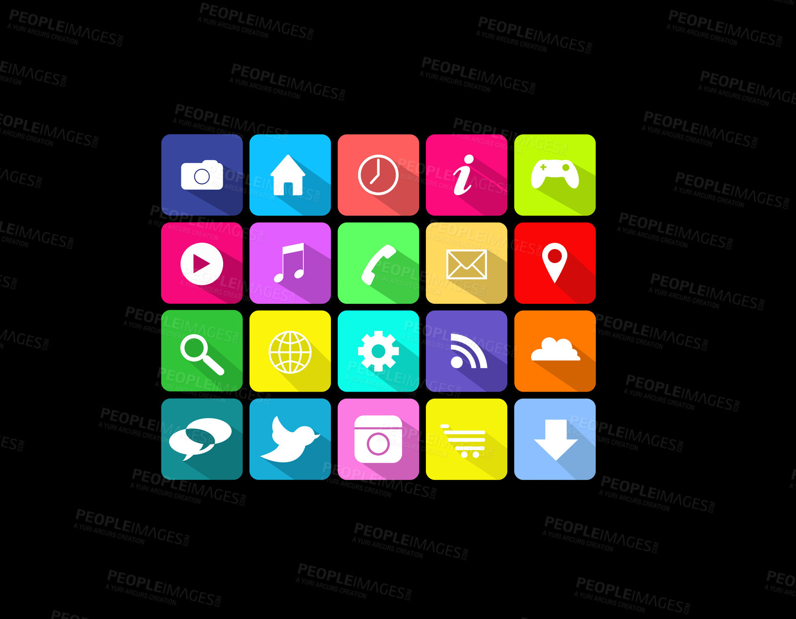 Buy stock photo Vector, black background or app icons on digital ux on social media networking applications. Mockup space, graphic iot ui or software logos of ai cloud, music search or internet gaming tech homepage