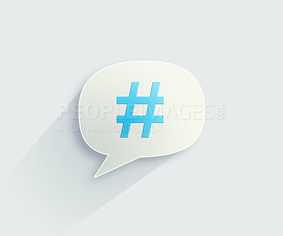 Buy stock photo Vector, hashtag in speech bubble or app on social media, online networking or digital communication. Iot, chat or graphic with trendy hashtags icon text message on white background with mockup space