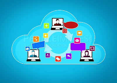 Buy stock photo Vector, laptop or app icons cloud computing on internet or online for digital data or computer communication. Group share, website or graphics with speech bubbles for sharing messages on social media