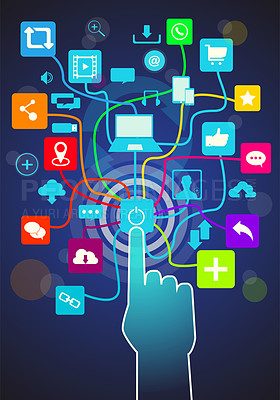 Buy stock photo Power button, icons and hand with social media vector for networking, connectivity and laptop application interface. Finger press start or online for communication, cloud computing and ux design tech