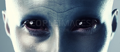 Buy stock photo Space, creature and face of alien from galaxy, universe or secret conspiracy of sci fi character. Fantasy, cosplay and portrait of cosmic humanoid person with creepy eyes closeup in costume makeup