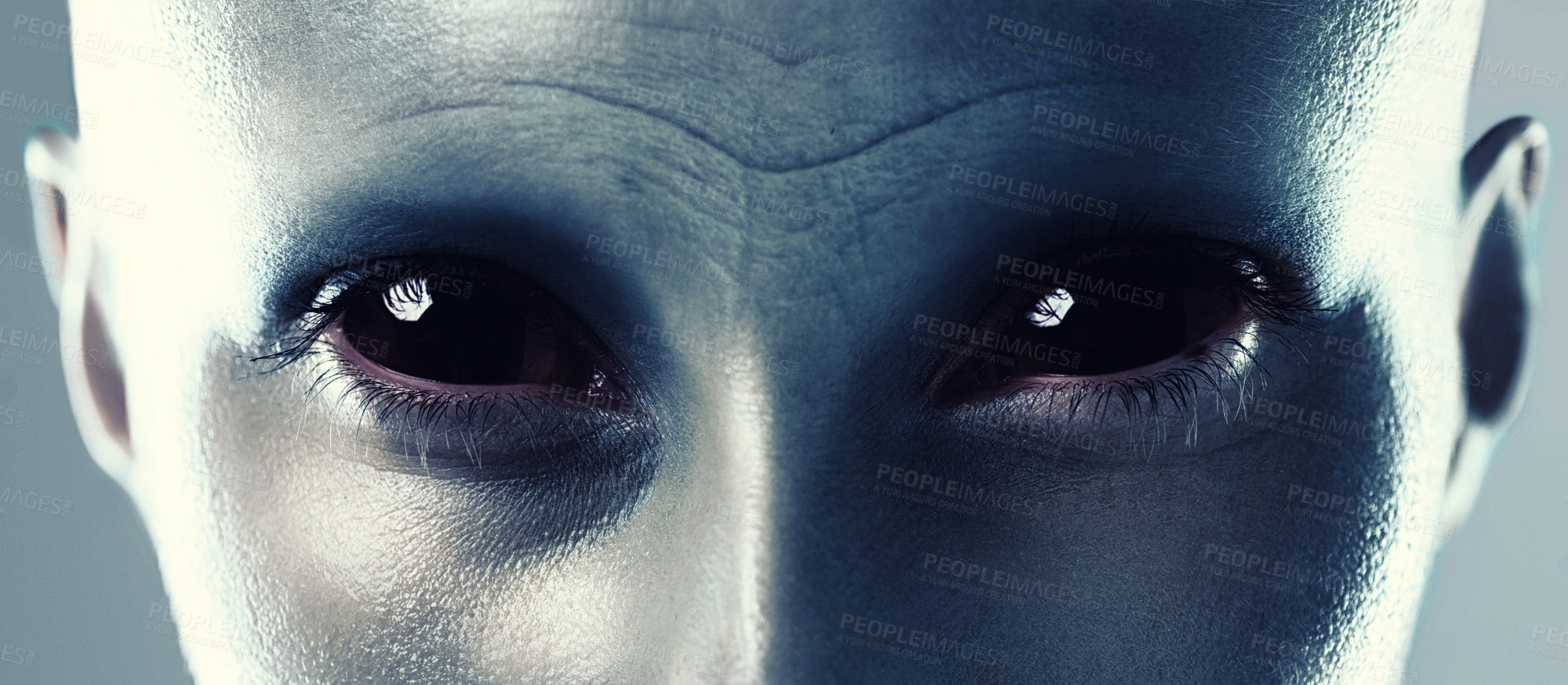 Buy stock photo Space, creature and face of alien from galaxy, universe or secret conspiracy of sci fi character. Fantasy, cosplay and portrait of cosmic humanoid person with creepy eyes closeup in costume makeup