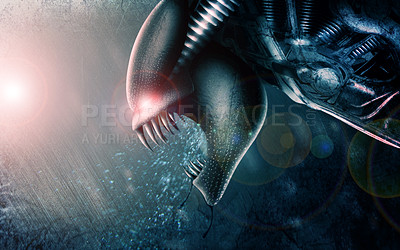 Buy stock photo Alien, nightmare and scary creature as illustration with red eyes or fangs as horror beast, evil or monster. Figure, bright light and mutant robot with teeth for Halloween fear, strange or dangerous