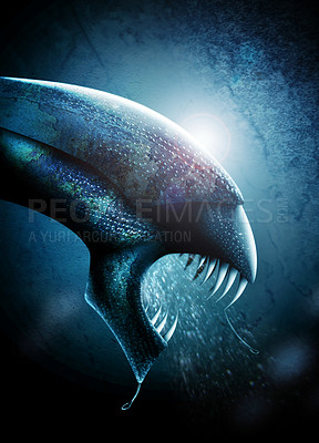 Buy stock photo Alien, fangs and scary creature or monster for Halloween horror or surreal, beast or futuristic. Creepy, science fiction and teeth or mutant animal or spooky creativity, illustration or wallpaper