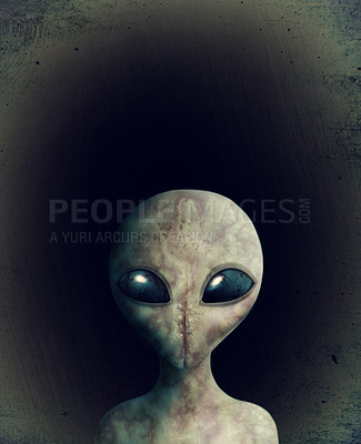 Buy stock photo Space, alien and face of futuristic sci fi character from galaxy, universe or dark secret conspiracy. Science, fantasy and creative illustration of extraterrestrial cosmic monster with creepy eyes