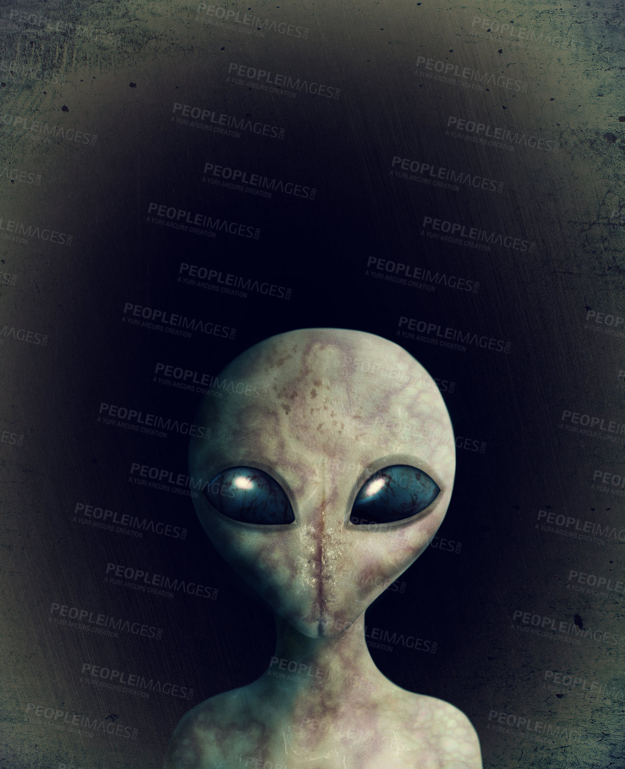 Buy stock photo Space, alien and face of futuristic sci fi character from galaxy, universe or dark secret conspiracy. Science, fantasy and creative illustration of extraterrestrial cosmic monster with creepy eyes