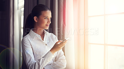 Buy stock photo Business, window and woman with a smartphone, thinking and typing with sunshine and contact. Home, accountant or employee with a cellphone or ideas with internet or network with digital app or wonder