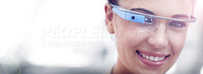 Buy stock photo Banner, portrait and augmented reality of woman with smart glasses for user experience, technology and innovation. Metaverse, closeup and female person for virtual, futuristic eyewear or internet.