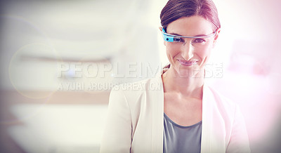 Buy stock photo Woman, portrait and futuristic with smart glasses technology for digital communication, biometrics or corporate. Female person, virtual reality and business innovation or cyber, metaverse or online