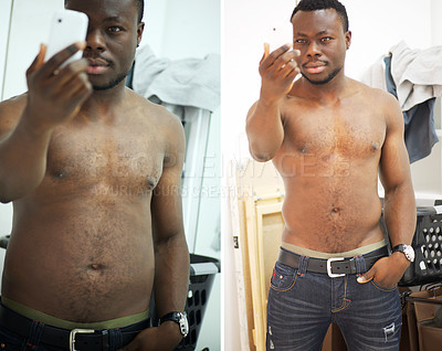 Buy stock photo Weight loss, photo and black man with results, progress and change for confidence in home. Fitness, before and after and person take picture for diet vitamins to lose weight, workout and exercise