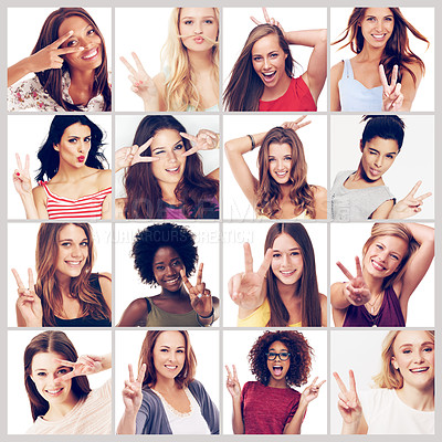 Buy stock photo Collage, women and portrait with peace hand sign in a studio with smile and happy with diversity. Global, grid and emoji gesture with international group with about us and model recruitment together