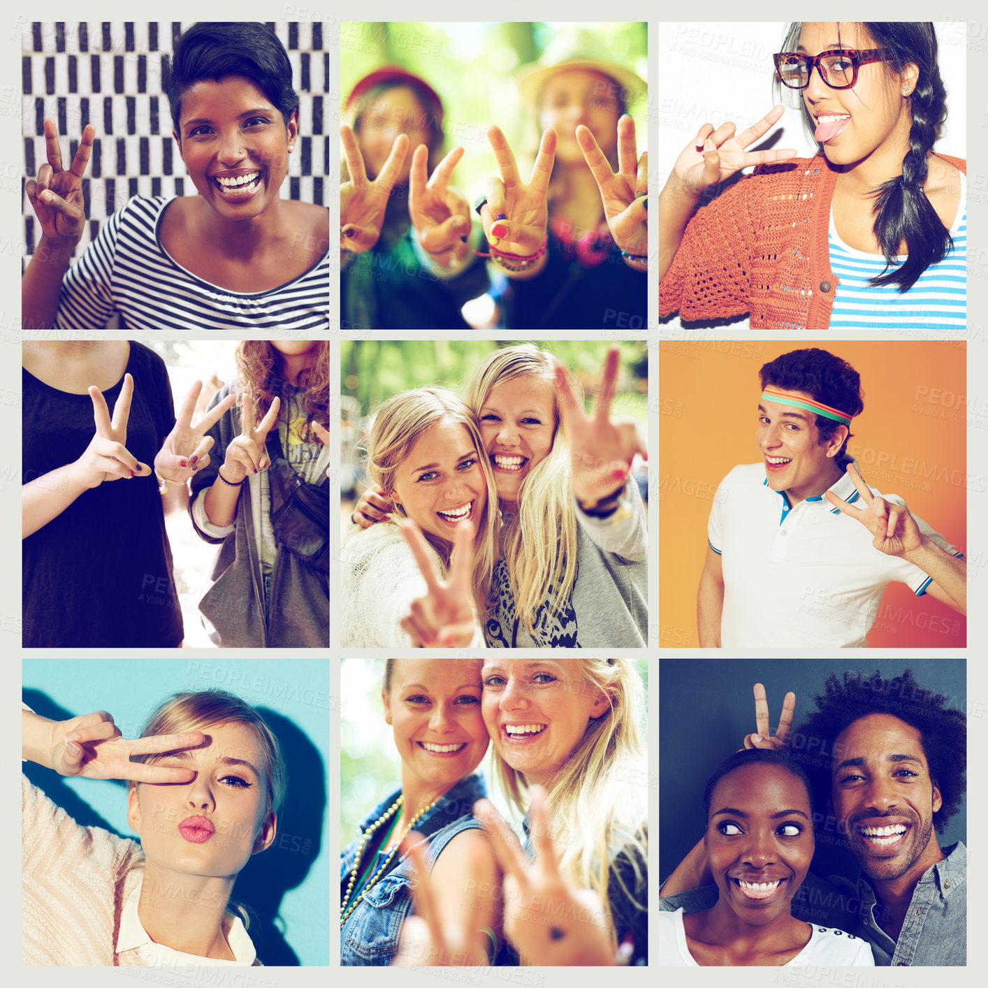 Buy stock photo Composite shot of a diverse group of people showing the peace signe