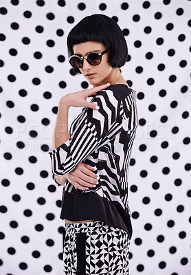 Buy stock photo Fashion, retro or woman on polka dot or white background in trendy stylish outfit or vintage sunglasses. Unique, monochrome and confident female model with edgy, classy clothes or style in studio