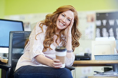 Buy stock photo Portrait, woman or smile in coffee, break or tired of seo, calendar or time management in office. Cheerful, female project manager or relief to finish, work or schedule to drink, tea or chill at desk