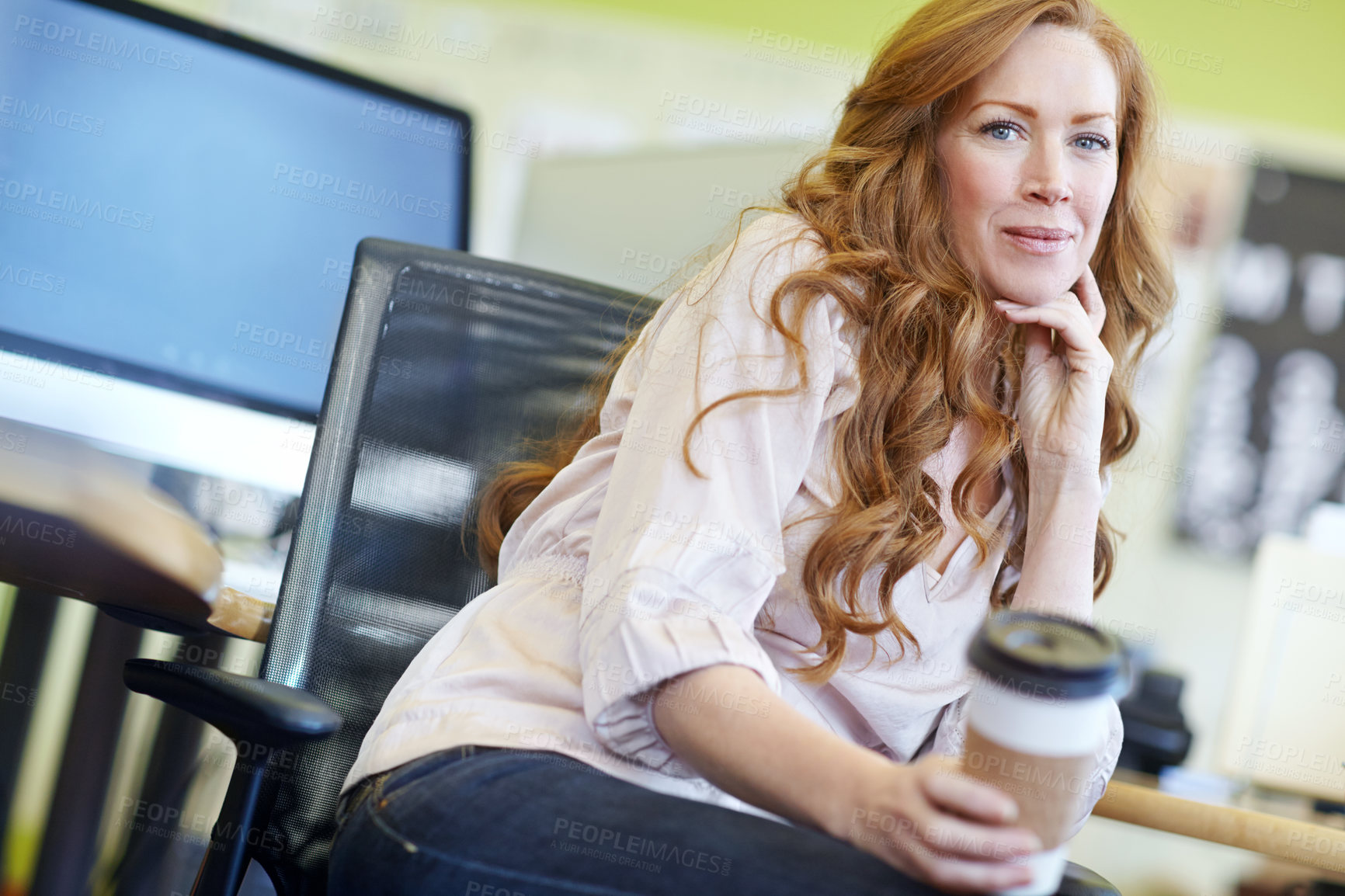 Buy stock photo Portrait, woman or coffee cup to smile, relax or energy of entrepreneur, small business or office. Female worker, hot drink or sitting at desk, rest or enjoying, break or boost of motivation or pride