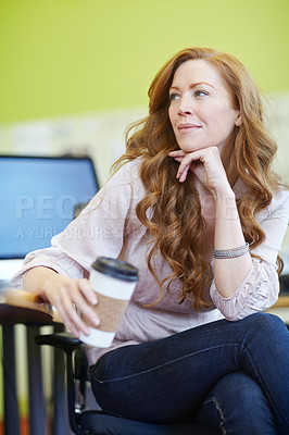 Buy stock photo Woman, thinking and coffee to relax at desk on break in Scotland for creative business, startup or entrepreneur. Female designer, decision or idea for work with drink for solution, plan or project