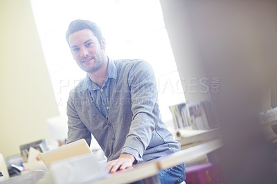 Buy stock photo Man, tablet and designer with web design for creative career, internet connection and startup. Online work, morning and portrait of male employee in modern office for agency, tech and small business