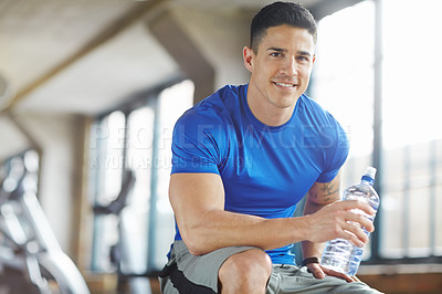 Buy stock photo Fitness, health and happy man with water after training for bodybuilder competition. Sport, exercise and male athlete in portrait with smile and drink for energy to practice weight lifting at gym