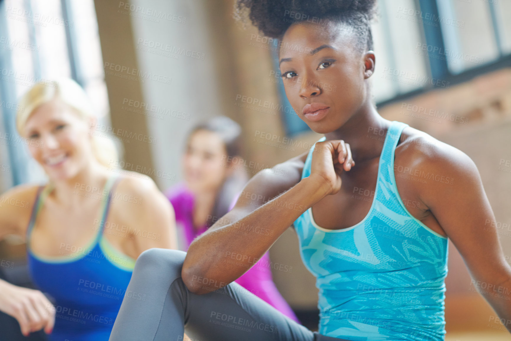 Buy stock photo Portrait, gym class and black woman with confidence in fitness for body care, workout or cardio training. Female person, collaboration and ready with pride for support, pilates and wellness at club