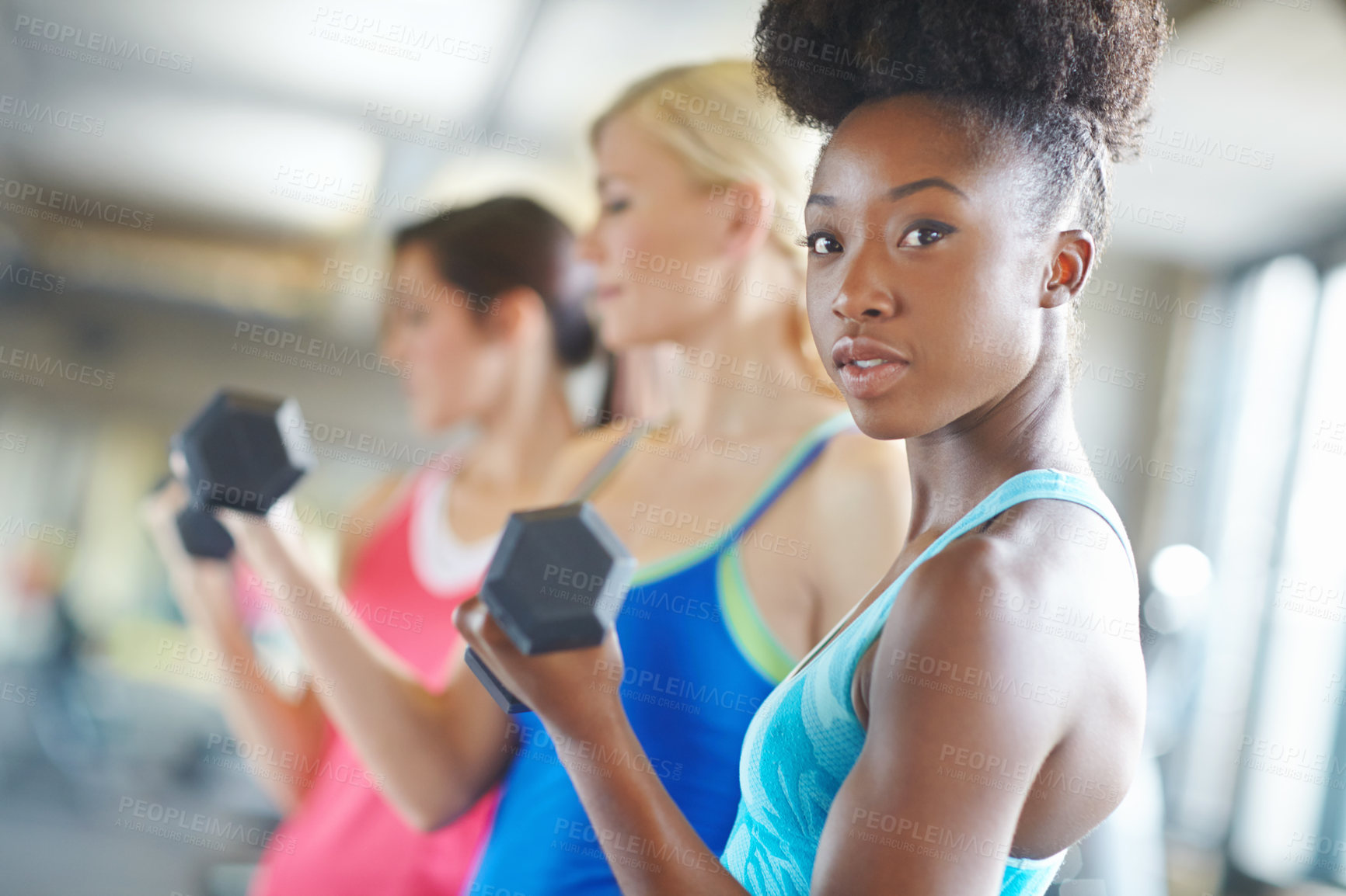 Buy stock photo Black woman, portrait gym and workout with dumbbell for muscle, strong body and training class. African athlete, exercise and weightlifting in wellness club with fitness, healthy friends and energy