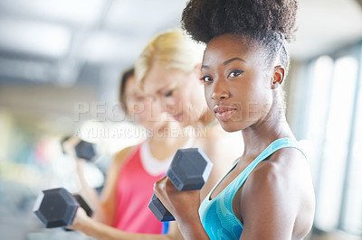 Buy stock photo Woman, dumbbell and portrait for workout in gym for fitness,  active class and muscle growth. Female person, weight and serious for exercise in center for training, sport and strength development