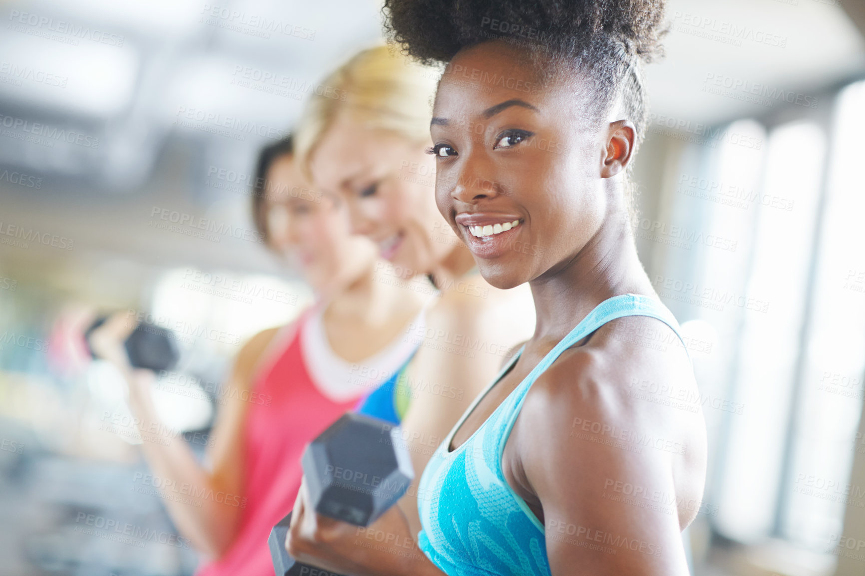 Buy stock photo African athlete, dumbbell and portrait with smile in gym for workout, class and muscle growth. Woman, weight and happiness for exercise in fitness center for training, sport and strength development