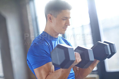Buy stock photo Heavy, bodybuilder or man with dumbbells in workout, training or exercise for grip or power. Lift, bodybuilding or strong athlete with weights for pump, sports challenge or energy for fitness in gym