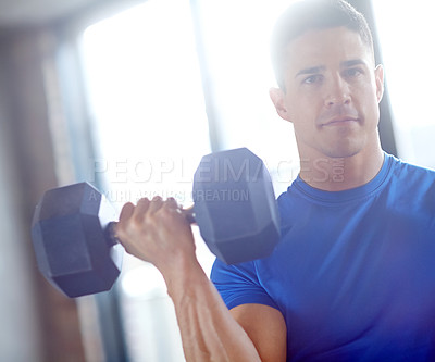 Buy stock photo Portrait, bodybuilder or man with dumbbells in workout, training or exercise for grip power. Strong, bodybuilding or serious athlete with weights for gym pump, sports challenge or energy for fitness