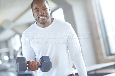 Buy stock photo Portrait, happy or black man with dumbbell in workout, training or exercise for grip power. Strong, body builder or athlete with weights for gym pump, bodybuilding challenge or energy for fitness