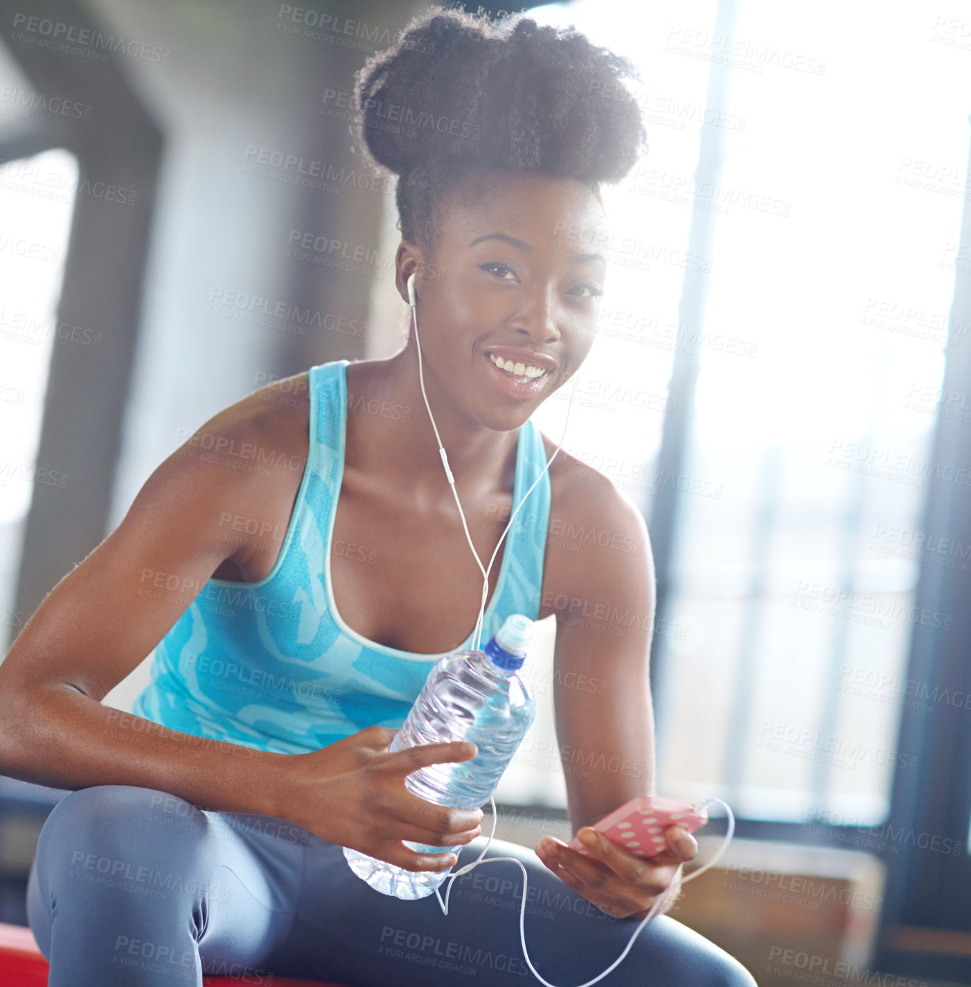 Buy stock photo Fitness app, headphones and portrait of black woman in gym with water, phone or online subscription. Health, wellness and girl checking music playlist on smartphone with bottle, break and sports club