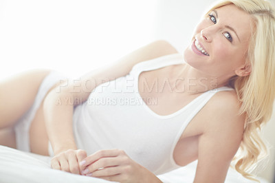 Buy stock photo Relax, morning and portrait of happy woman on bed with health, wellness and lingerie in home. Wake up, underwear and girl in bedroom with smile on face, confidence or carefree weekend in Germany.