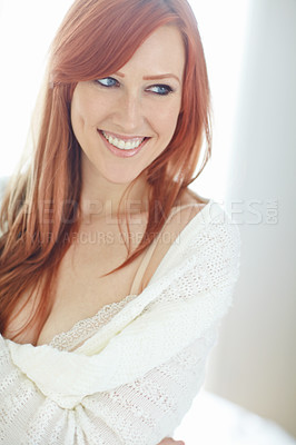 Buy stock photo Woman, red hair and happy with lingerie at home for cosmetics, care and makeup for lifestyle. Girl, smile with sweater and seductive for love, sexy and skin for lover in house or sensual beauty