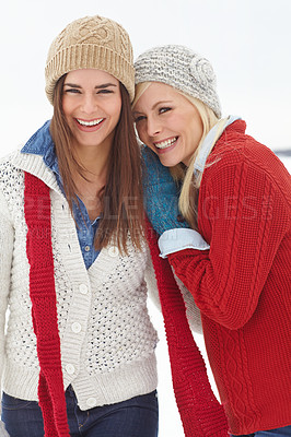 Buy stock photo Portrait, friendship and snow in winter for vacation is Alaska for Christmas, festive and travel for bonding. Cheerful, women and laugh with hug, happiness and love for holiday, break or retreat