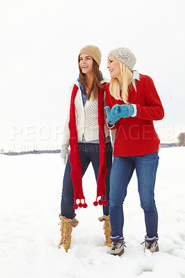 Buy stock photo Friends, girl and happy outdoor in snow for memories on holiday, fun and break in Canada. Women, laugh and smile in winter vacation for adventure, travel and trip to relax for bonding and support