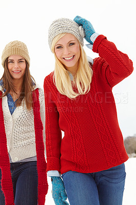 Buy stock photo Portrait, friends and happy women in snow outdoor for holiday, vacation or travel together in Switzerland. Winter clothes, smile and girls hiking in nature for adventure, journey and countryside trip