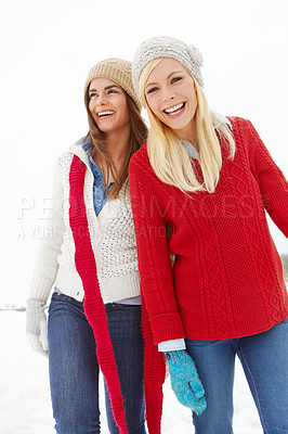 Buy stock photo Laughing, women and snow in Switzerland for joke, game and enjoyment together on holiday. Happy friends, humor and funny for bonding, wellness and friendship on vacation in countryside and adventure