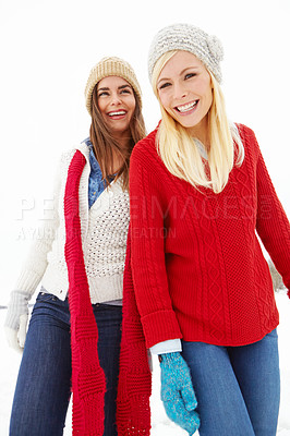 Buy stock photo Portrait, happy and friends, snow and holiday on vacation, countryside and smile. Winter, canada and laughing for cold, travel and adventure or ski, season and outdoor on activity, weather