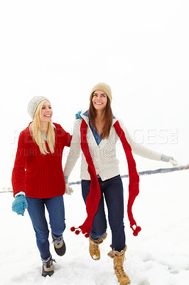 Buy stock photo Happy, friends and snow in Norway for funny joke, meme and enjoyment together on holiday. Smiling women, humor and fun for bonding, wellness and friendship on vacation in countryside and adventure