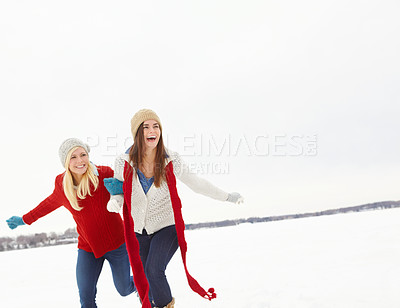 Buy stock photo Snow, happy and lesbian girl friends outdoor in winter on romantic vacation, adventure or holiday. Love, smile and queer women couple in relationship for bonding in cold weather on trip in Germany.