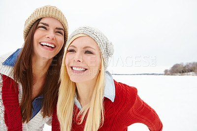 Buy stock photo Snow, love and lesbian couple outdoor in winter on romantic vacation, adventure or holiday. Happy, smile and queer women in relationship for fun and bonding in cold weather on weekend trip in Canada