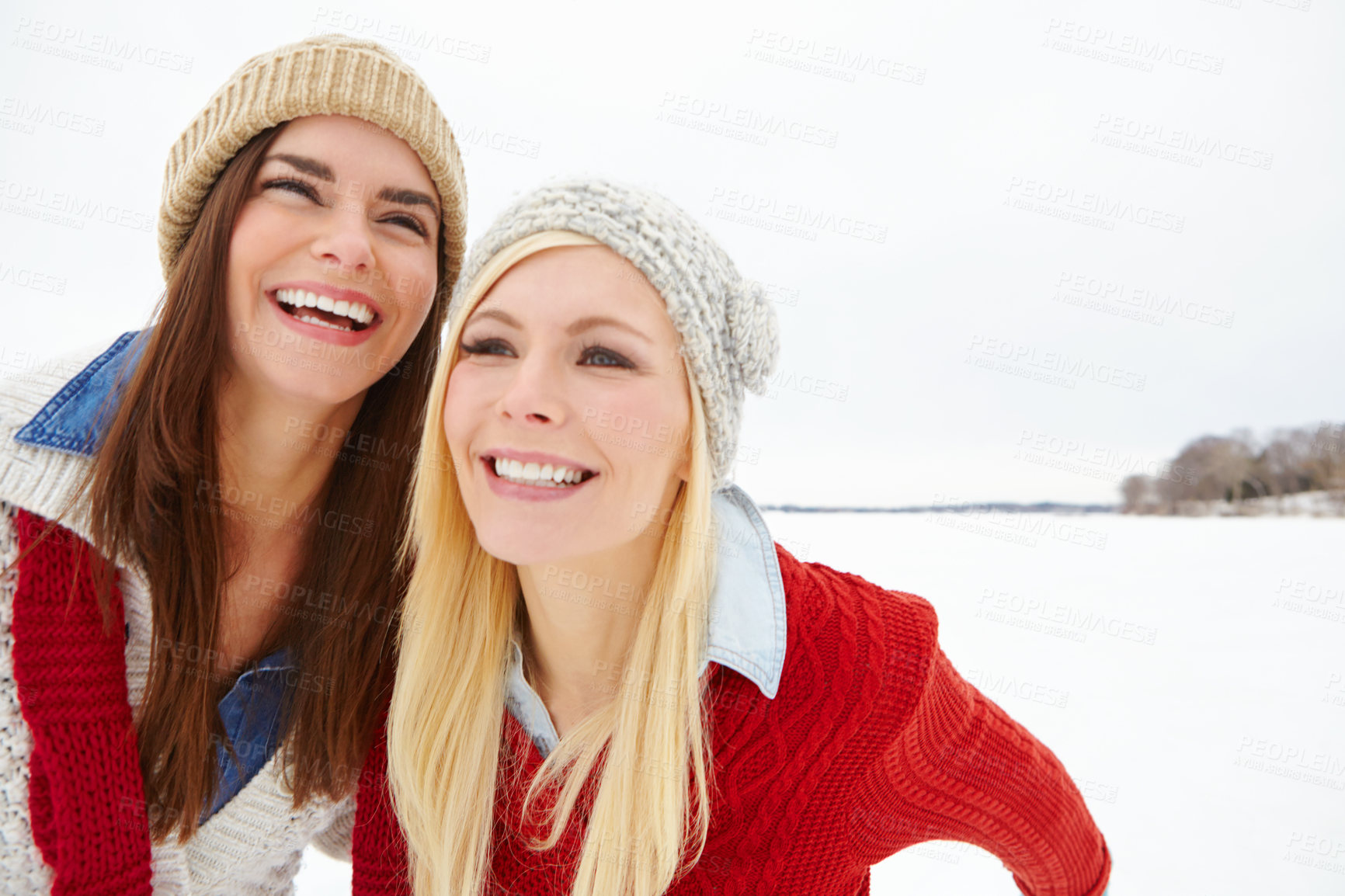 Buy stock photo Snow, love and lesbian couple outdoor in winter on romantic vacation, adventure or holiday. Happy, smile and queer women in relationship for fun and bonding in cold weather on weekend trip in Canada