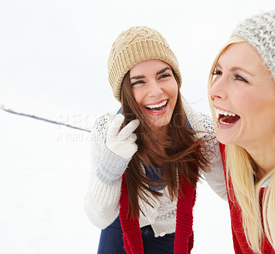 Buy stock photo Winter, snow and girl friends laughing outdoor on skiing vacation, adventure or holiday for travel. Happy, smile and young women with fashion for bonding in cold weather on weekend trip in Iceland.