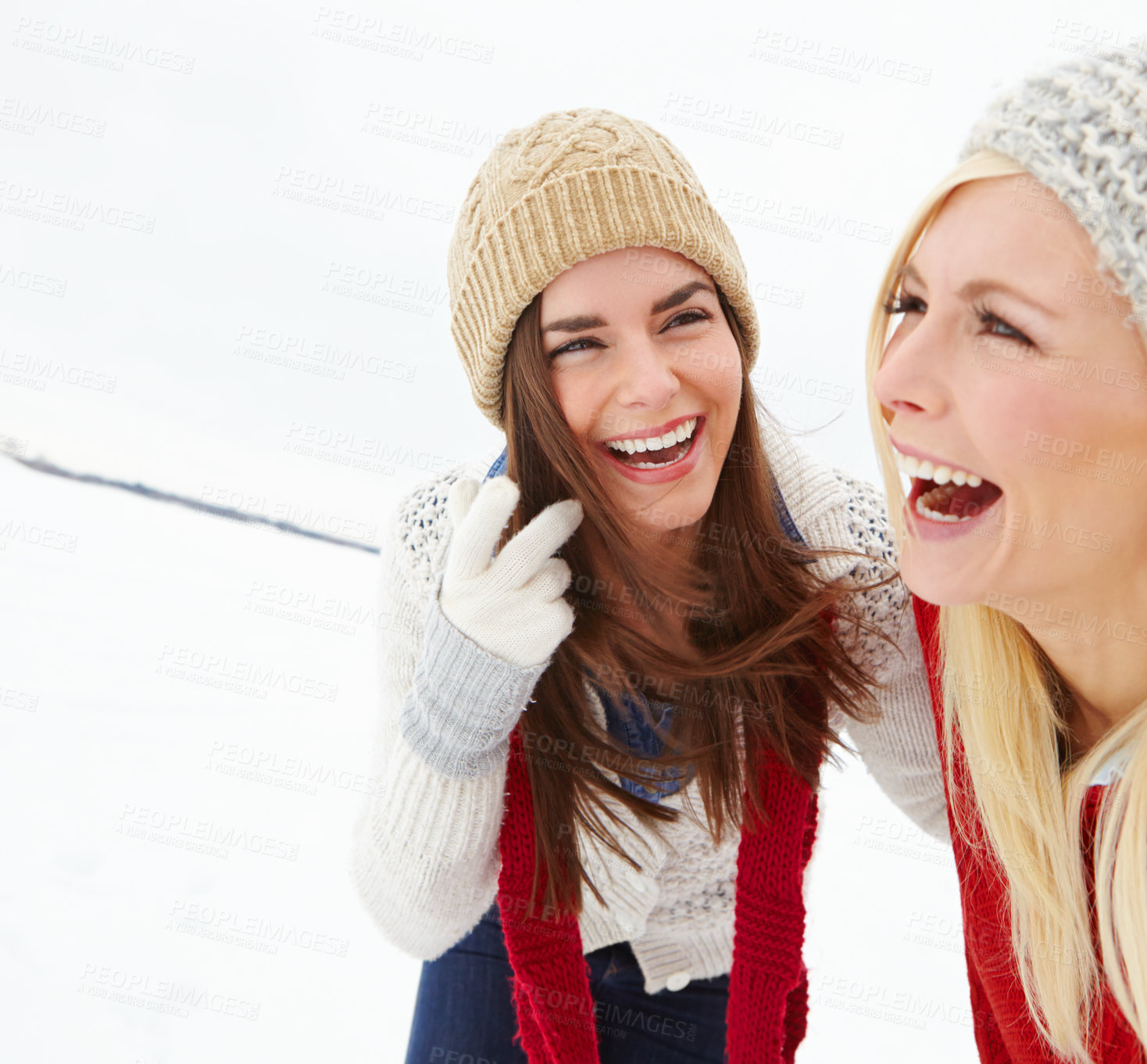 Buy stock photo Winter, snow and girl friends laughing outdoor on skiing vacation, adventure or holiday for travel. Happy, smile and young women with fashion for bonding in cold weather on weekend trip in Iceland.