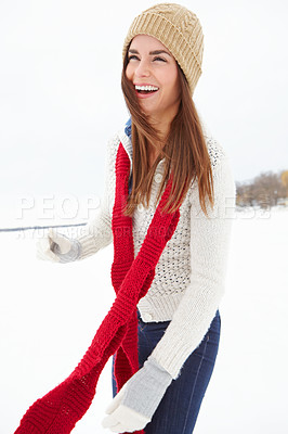 Buy stock photo Woman, laughing and fashion in outdoor winter, warm clothes and designer jersey or season outfit. Female person, snow and cold weather on holiday or vacation, style and beanie aesthetics in Scotland
