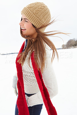Buy stock photo Laughing, snow and happy woman in winter with scarf, beanie or jersey in Sweden on holiday vacation. Female person, smile or girl walking on outdoor trip for travel, adventure or wellness in nature